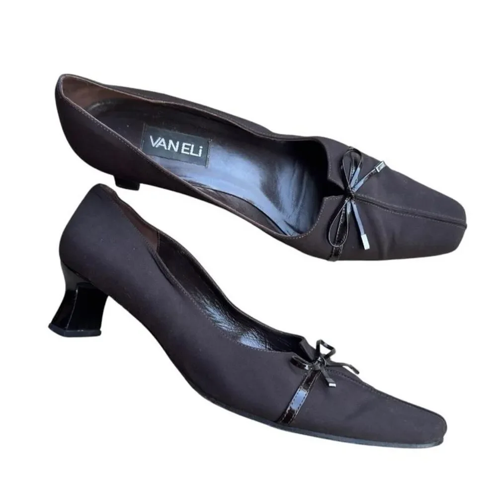 Vaneli Rhea Block Heel Leather Square Toe Bow Pumps Black Size 10